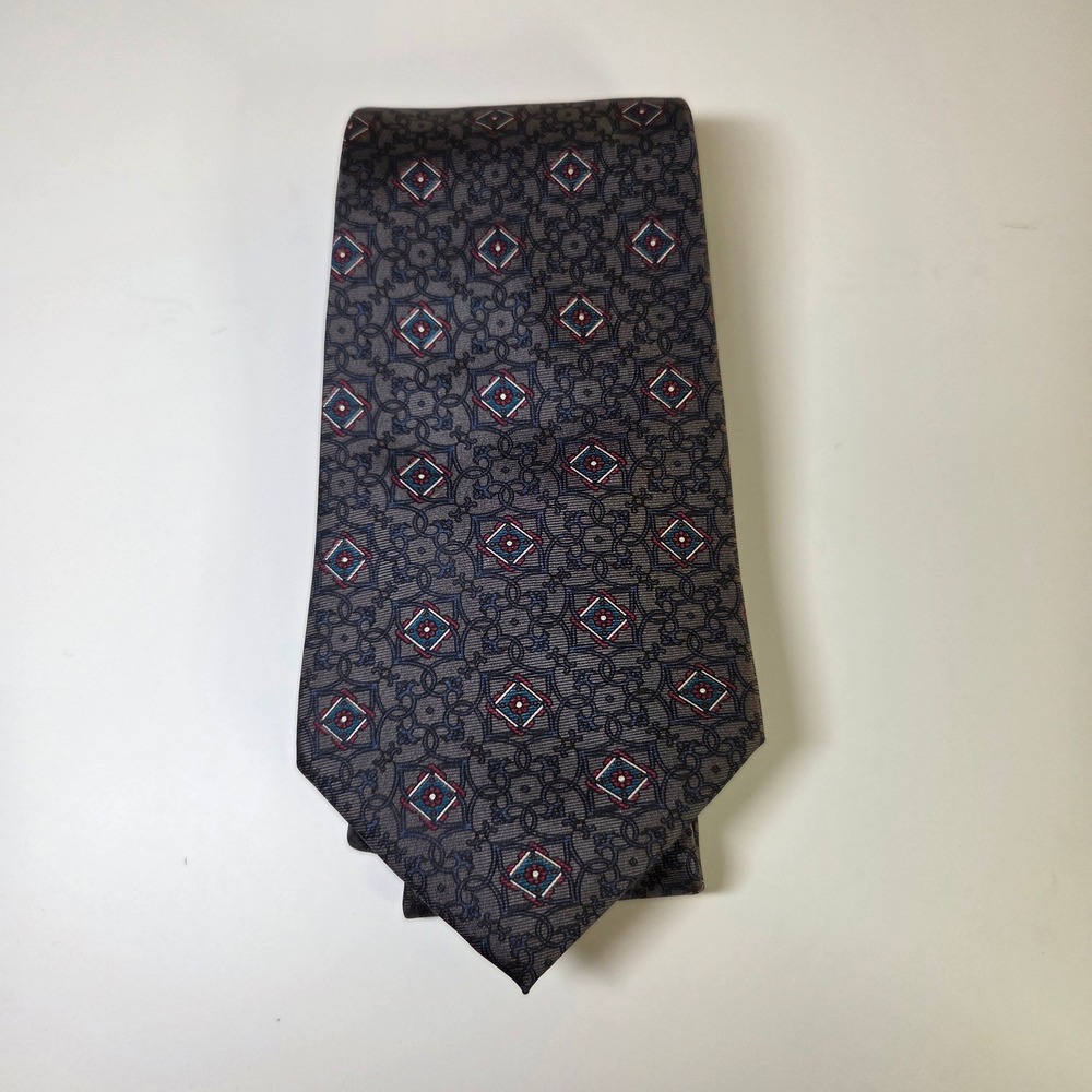 Christian Dior Mens Silk Tie Grey Burgundy Blue Geometric Medallion Italy Fabric - Picture 6 of 6